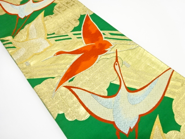 JAPANESE KIMONO / ANTIQUE FUKURO OBI / SILK / WOVEN CLOUD & CRANE